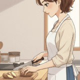 お母さんが皮付きのジャガイモを台所で切っているママ