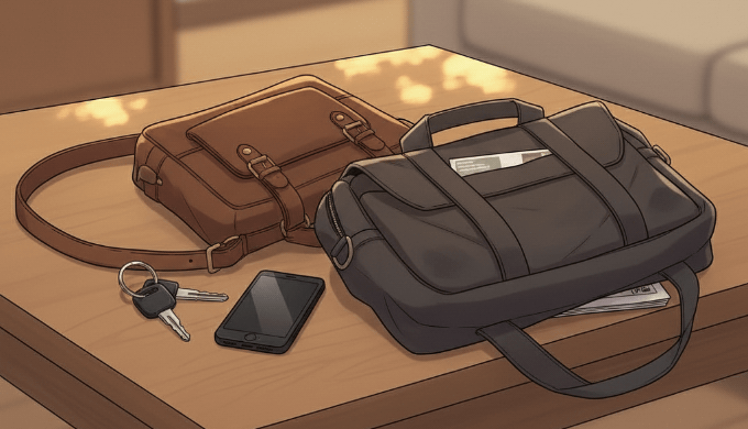 リビングに散らかる夫のカバン・鍵・充電器。「片付けて」と言わずに済む「とりあえずボックス」という仕組み。